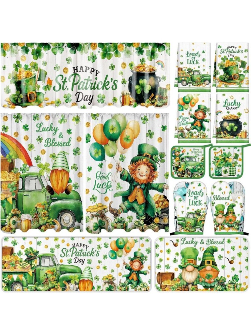 St. Patrick's Day Kitchen Decor Set - 13 Pcs Shamrock Curtains, Rugs, Towels